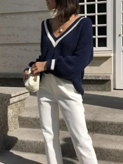Discount V-Neck Contrast Trim Sweater Sweater Tops|Sweaters & Cardigans