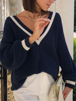 Discount V-Neck Contrast Trim Sweater Sweater Tops|Sweaters & Cardigans