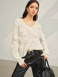 Sale V-Neck 3D Flower Knit Top Sweater Tops|Sweaters & Cardigans
