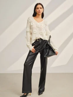 Sale V-Neck 3D Flower Knit Top Sweater Tops|Sweaters & Cardigans