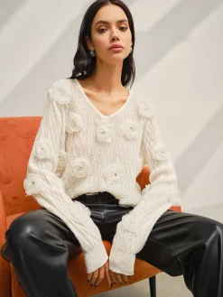 Sale V-Neck 3D Flower Knit Top Sweater Tops|Sweaters & Cardigans