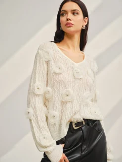 Sale V-Neck 3D Flower Knit Top Sweater Tops|Sweaters & Cardigans