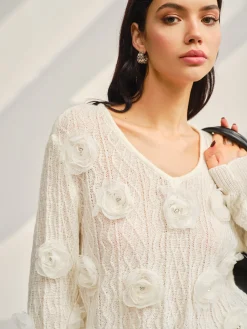 Sale V-Neck 3D Flower Knit Top Sweater Tops|Sweaters & Cardigans
