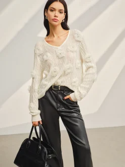 Sale V-Neck 3D Flower Knit Top Sweater Tops|Sweaters & Cardigans