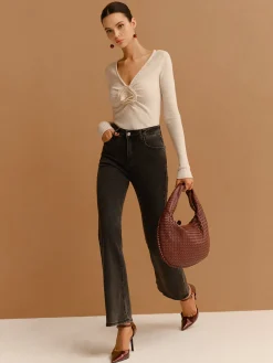 Online V-Neck 3D Flower Pleated Slim Blouse Tops