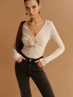 Online V-Neck 3D Flower Pleated Slim Blouse Tops