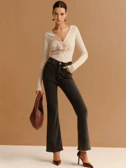 Online V-Neck 3D Flower Pleated Slim Blouse Tops