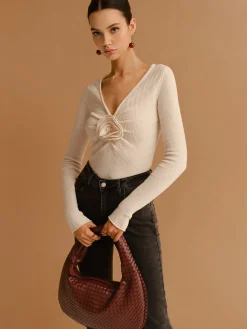 Online V-Neck 3D Flower Pleated Slim Blouse Tops