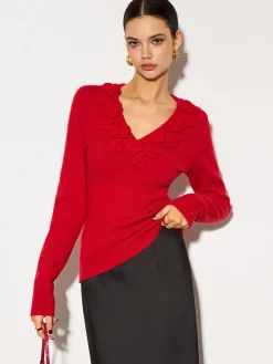 Best V-Neck 3D Flower Skinny Knit Top Knitwear|Tops