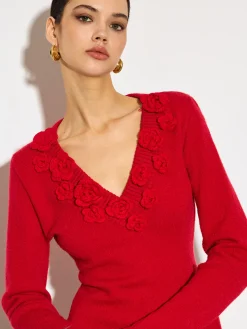 Best V-Neck 3D Flower Skinny Knit Top Knitwear|Tops