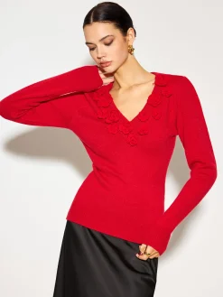 Best V-Neck 3D Flower Skinny Knit Top Knitwear|Tops