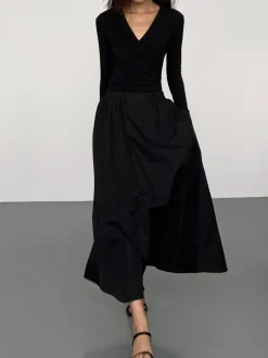 Discount V-Neck Double Pockets Long Sleeve Long Dress Black Dresses|Casual Dresses