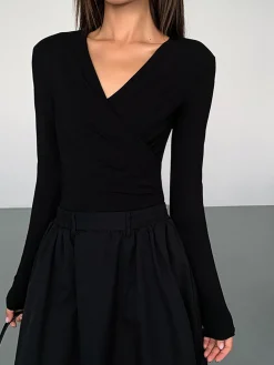 Discount V-Neck Double Pockets Long Sleeve Long Dress Black Dresses|Casual Dresses