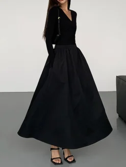 Discount V-Neck Double Pockets Long Sleeve Long Dress Black Dresses|Casual Dresses
