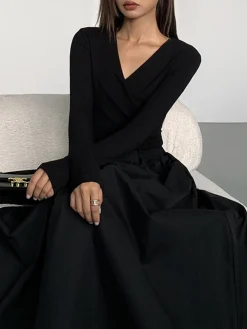 Discount V-Neck Double Pockets Long Sleeve Long Dress Black Dresses|Casual Dresses