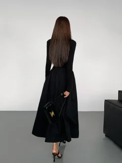 Discount V-Neck Double Pockets Long Sleeve Long Dress Black Dresses|Casual Dresses