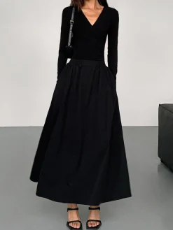 Discount V-Neck Double Pockets Long Sleeve Long Dress Black Dresses|Casual Dresses