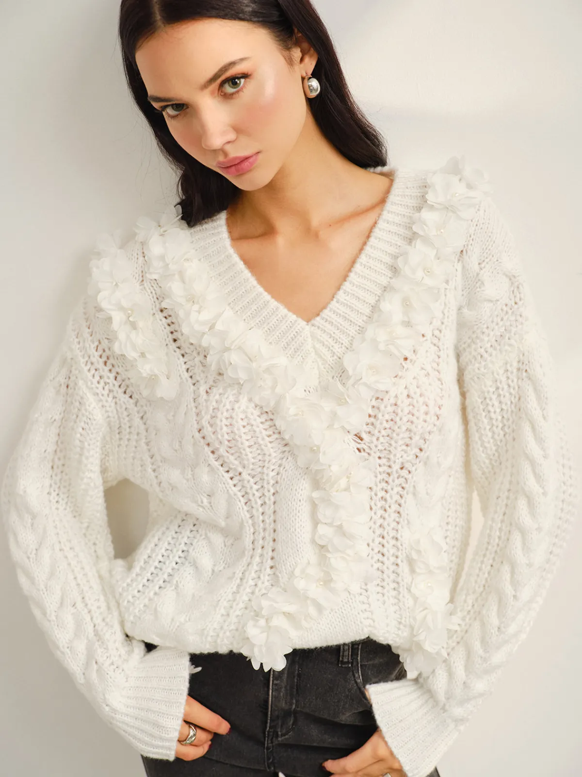 Best V-Neck Floral-Decor Shift Sweater Sweater Tops|Sweaters & Cardigans
