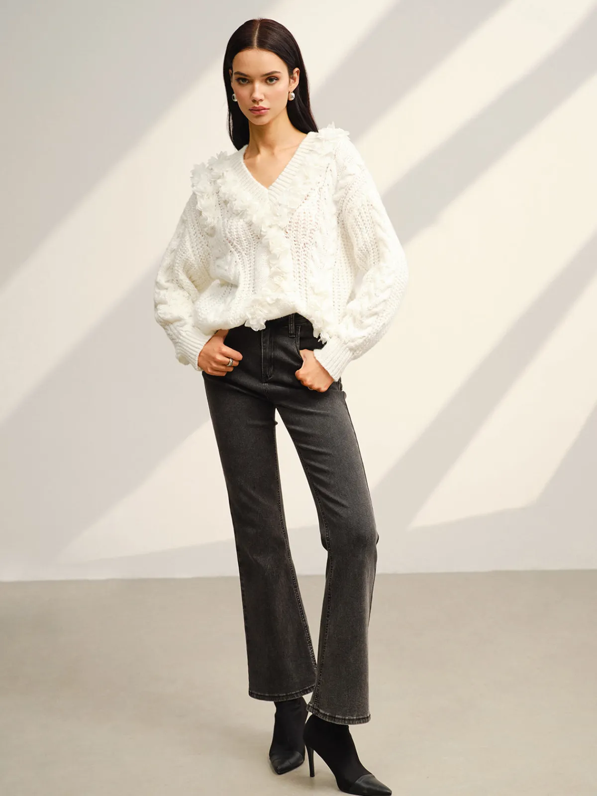 Best V-Neck Floral-Decor Shift Sweater Sweater Tops|Sweaters & Cardigans