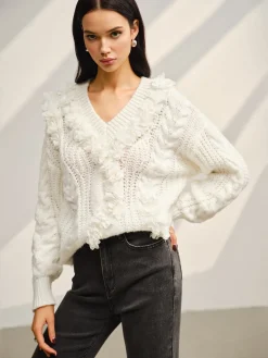 Best V-Neck Floral-Decor Shift Sweater Sweater Tops|Sweaters & Cardigans