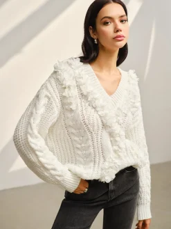 Best V-Neck Floral-Decor Shift Sweater Sweater Tops|Sweaters & Cardigans