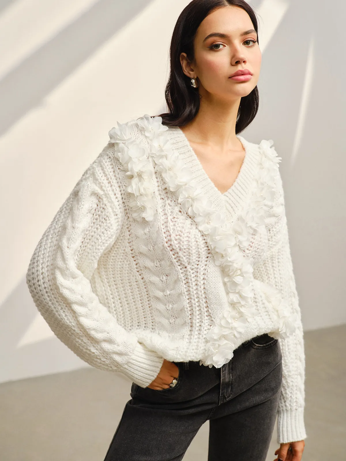 Best V-Neck Floral-Decor Shift Sweater Sweater Tops|Sweaters & Cardigans