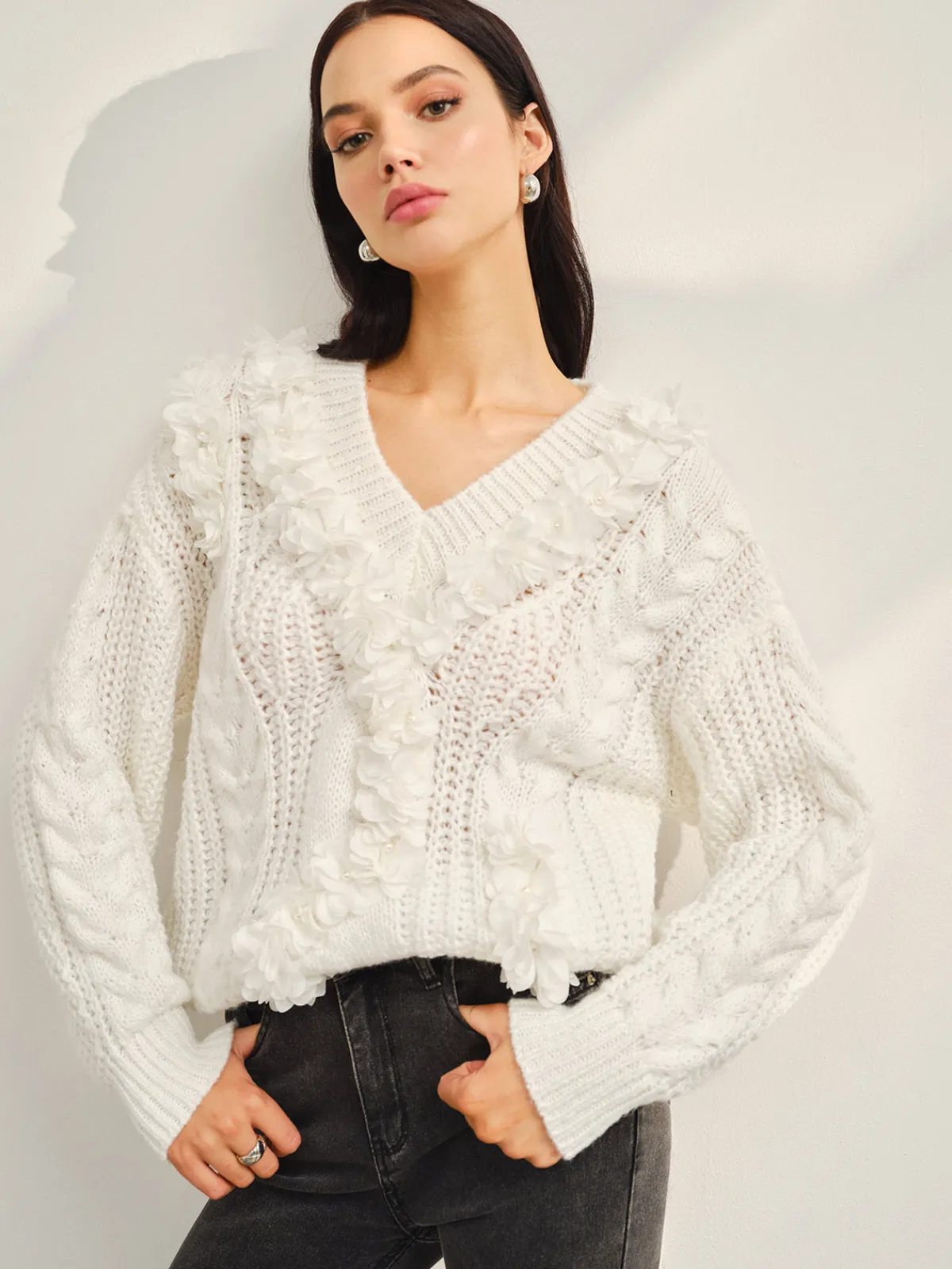 Best V-Neck Floral-Decor Shift Sweater Sweater Tops|Sweaters & Cardigans