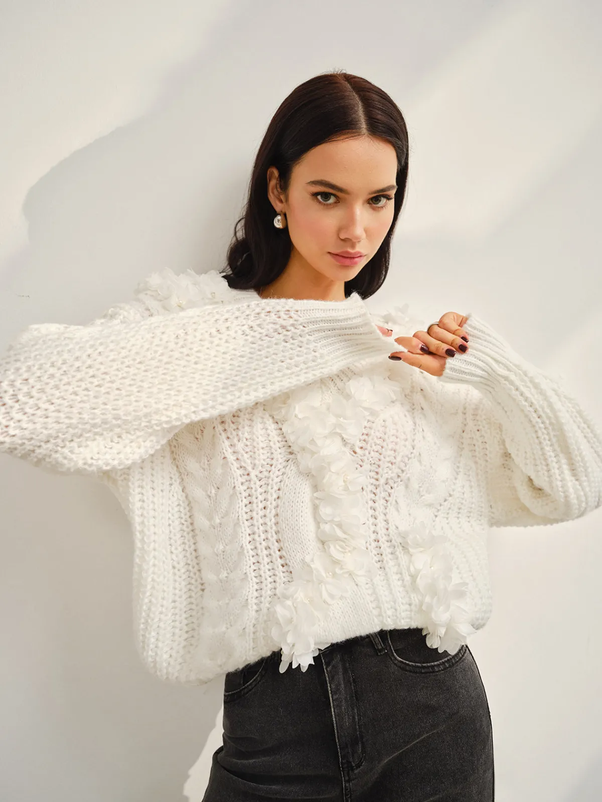 Best V-Neck Floral-Decor Shift Sweater Sweater Tops|Sweaters & Cardigans