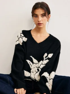 Best V-Neck Knit-Floral Shift Sweater Sweater Tops|Sweaters & Cardigans