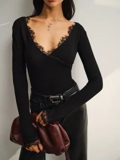 Discount V-Neck Lace Trim Skinny Jersey Top Blouses & Shirts|Tops