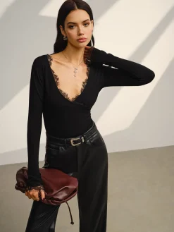 Discount V-Neck Lace Trim Skinny Jersey Top Blouses & Shirts|Tops