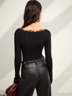 Discount V-Neck Lace Trim Skinny Jersey Top Blouses & Shirts|Tops