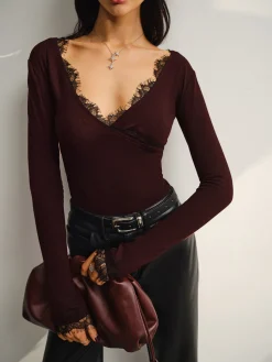 Discount V-Neck Lace Trim Skinny Jersey Top Blouses & Shirts|Tops