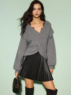 Hot V-Neck Lantern Sleeve Knotted Sweater Knitwear|Tops
