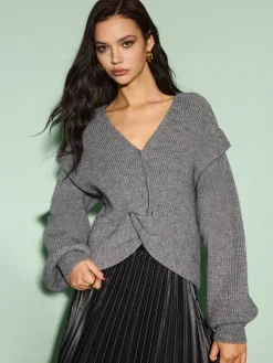 Hot V-Neck Lantern Sleeve Knotted Sweater Knitwear|Tops