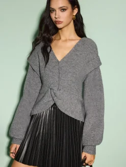 Hot V-Neck Lantern Sleeve Knotted Sweater Knitwear|Tops