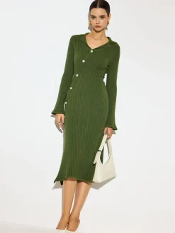 Outlet V-Neck Lapel Sweater Midi Dress Knitwear|Dresses