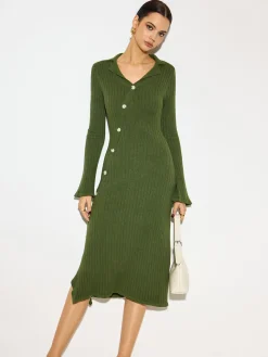 Outlet V-Neck Lapel Sweater Midi Dress Knitwear|Dresses