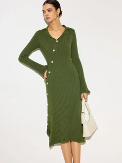 Outlet V-Neck Lapel Sweater Midi Dress Knitwear|Dresses