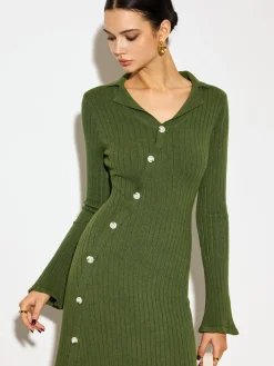Outlet V-Neck Lapel Sweater Midi Dress Knitwear|Dresses