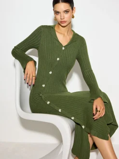 Outlet V-Neck Lapel Sweater Midi Dress Knitwear|Dresses