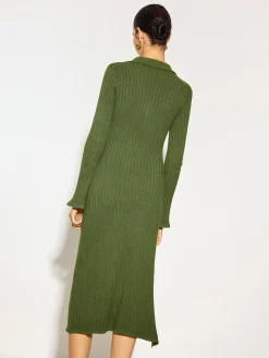 Outlet V-Neck Lapel Sweater Midi Dress Knitwear|Dresses