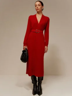 Clearance V-Neck Long Sleeve Belted Sweater Dress Sweater Dresses|Work Dresses
