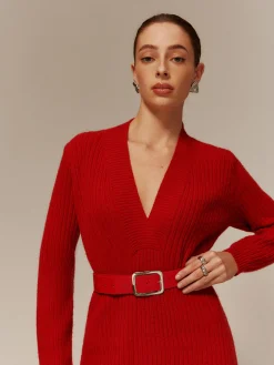 Clearance V-Neck Long Sleeve Belted Sweater Dress Sweater Dresses|Work Dresses