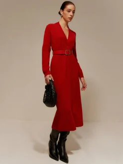 Clearance V-Neck Long Sleeve Belted Sweater Dress Sweater Dresses|Work Dresses