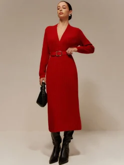 Clearance V-Neck Long Sleeve Belted Sweater Dress Sweater Dresses|Work Dresses