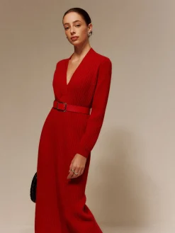 Clearance V-Neck Long Sleeve Belted Sweater Dress Sweater Dresses|Work Dresses