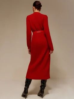Clearance V-Neck Long Sleeve Belted Sweater Dress Sweater Dresses|Work Dresses