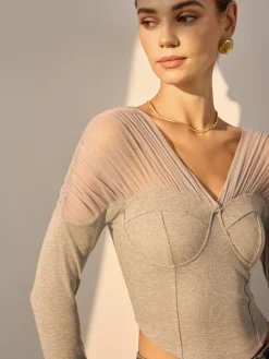 Clearance V-Neck Mesh-Shoulder Crop T-Shirt Crop Tops|T-shirts