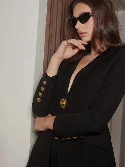 New V-Neck Metal-Button Split Blazer Outerwear|Blazers